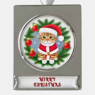 Zoe Tabby Kat in Kerstman Outfit Verzilverd Banner Ornament