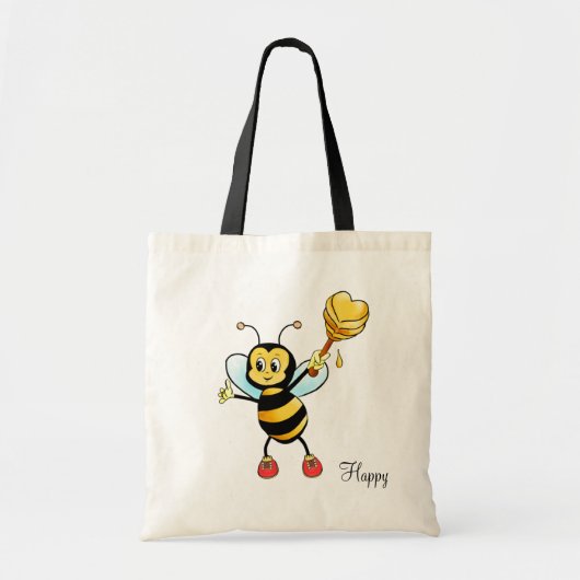 Zoe Zoete Bij met Hart & Bewerkbare Gelukkige Teks Tote Bag (Voorkant)