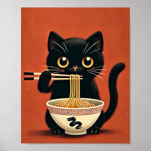 Zoei zwart katje dat Ramen eet Kawaii Noedelmuur Poster (Voorkant)