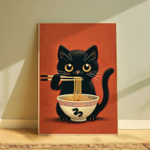 Zoei zwart katje dat Ramen eet Kawaii Noedelmuur
