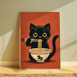 Zoei zwart katje dat Ramen eet Kawaii Noedelmuur Poster