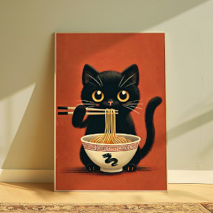 Zoei zwart katje dat Ramen eet Kawaii Noedelmuur Poster