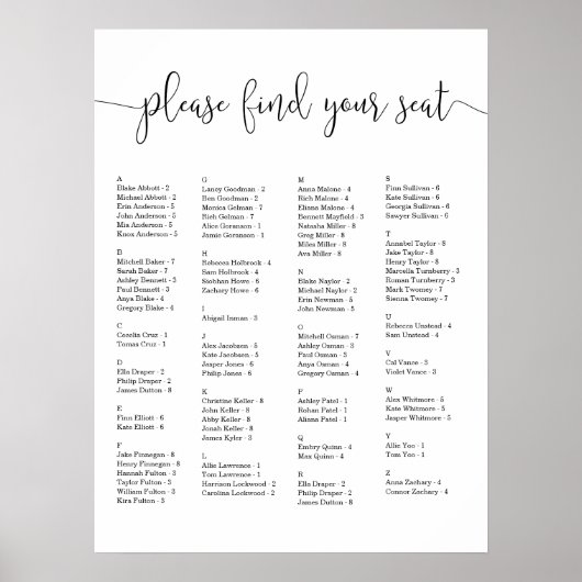 Zoek de alfabetische zetelkaart van uw zitplaats poster (Voorkant)