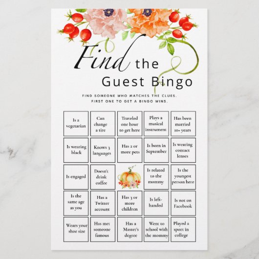 Zoek het Baby shower van de Gast Bingo Pumpkin (Voorkant)