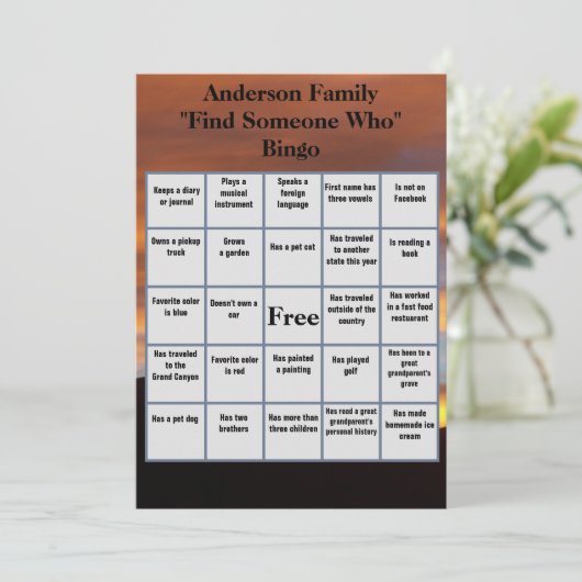 Zoek iemand die bingo | Familiereünie zonsondergan Kaart (Staand voorkant)