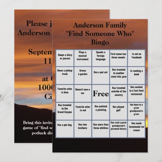 Zoek iemand die bingo | Familiereünie zonsondergan Kaart (Voorkant / Achterkant)