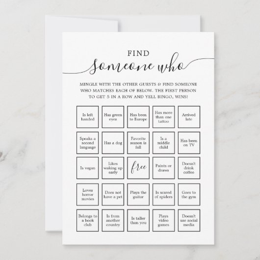 Zoek iemand die gasten Bingo spel Kaart (Voorkant)