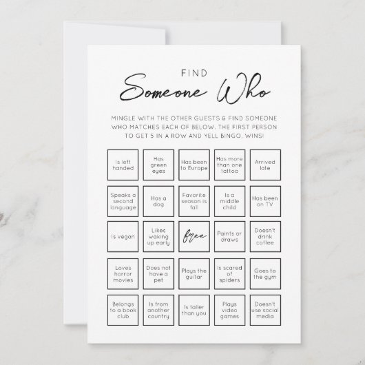 Zoek iemand die gasten Bingo spel Kaart (Voorkant)