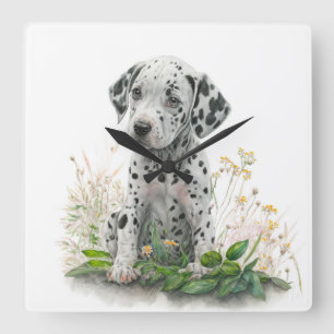 ZOEKE ZWARTE & WITTE DALMATIËR PUPPY HOND VIERKANTE KLOK