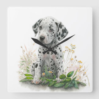 ZOEKE ZWARTE & WITTE DALMATIËR PUPPY HOND VIERKANTE KLOK