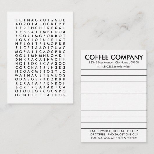 Zoekkaart voor koffie kortingskaartje (Voorkant / Achterkant)