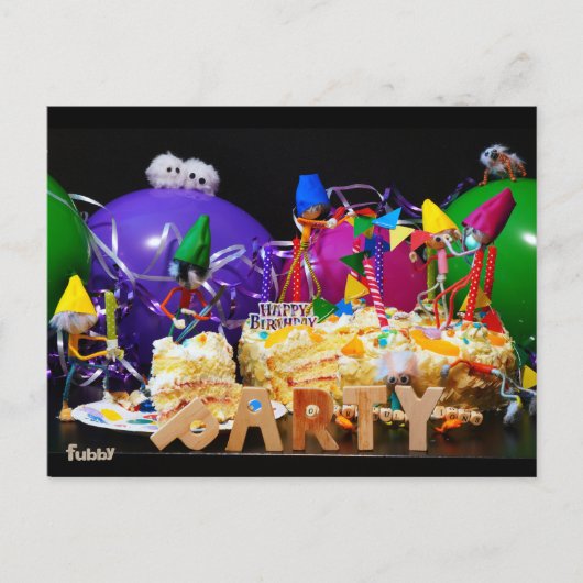 Zoekplaat van feestende Fubby's op een verjaardags Briefkaart (Voorkant)