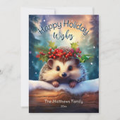 Zoele Kijkende Egel Besneeuwd Winter Boslandschap Feestdagenkaart (Voorkant)