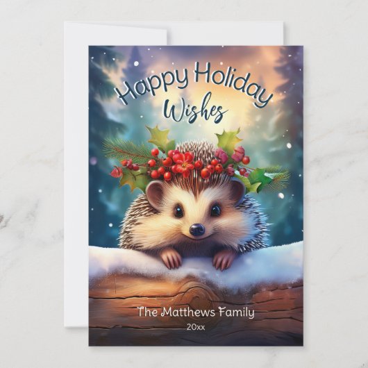 Zoele Kijkende Egel Besneeuwd Winter Boslandschap Feestdagenkaart (Voorkant)