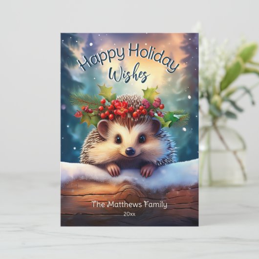 Zoele Kijkende Egel Besneeuwd Winter Boslandschap Feestdagenkaart (Staand voorkant)