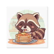 Zoele wasbeer die pannenkoeken eet met siroop Kawa