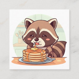 Zoele wasbeer die pannenkoeken eet met siroop Kawa Vierkante Visitekaartje