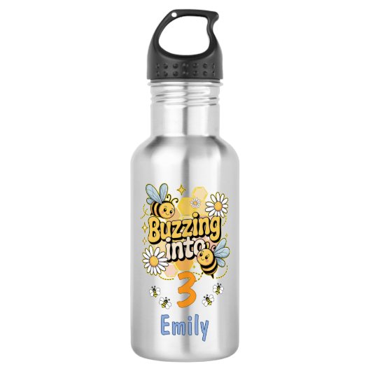 Zoemend Naar Aangepaste Naam en Leeftijd Cute Bij Waterfles (Voorkant)