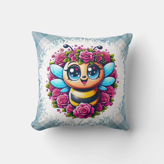 Zoemende Bij met Roze Rozen Kussen (Voorkant)