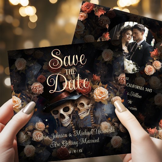 Zoenende skeletten Gothic Save The Date Kaart