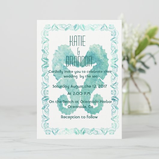 Zoenende Zeepaardjes Bruiloft Uitnodiging in Turqu (Staand voorkant)