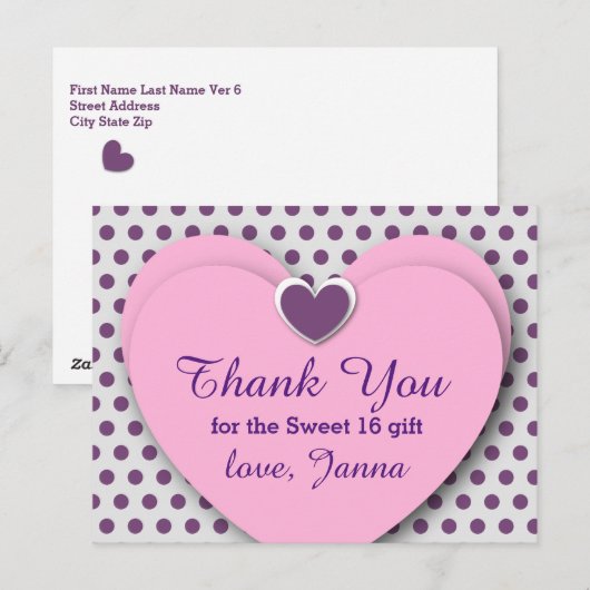 ZOET 16 Bedankt Harten Paarse Polka Dots B07 Briefkaart (Voorkant / Achterkant)