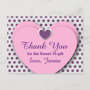 ZOET 16 Bedankt Harten Paarse Polka Dots B07 Briefkaart