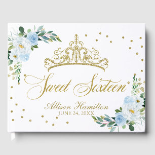 Zoet 16 gastenboek gouden tiara babyblauwe bloemen