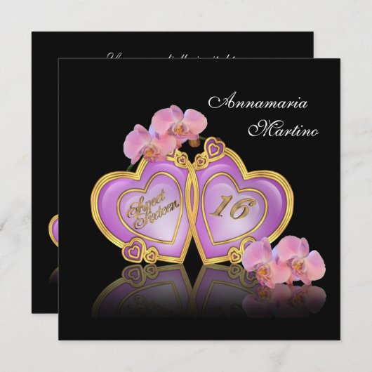 Zoet 16 Roze en zwart uitnodiging (Voorkant / Achterkant)