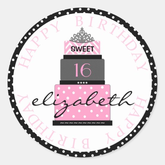 Zoet 16 roze taart ronde sticker (Voorkant)