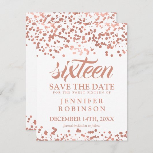 Zoet 16 Save the Date Roos Gold Foil Confetti (Voorkant / Achterkant)