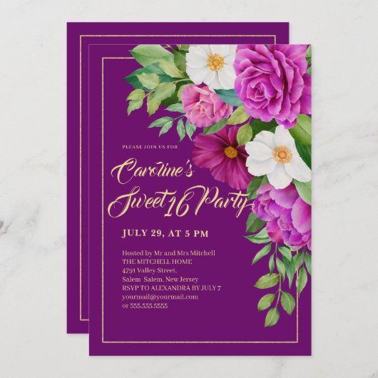 zoet 16 Waterverf Paars van kleurrijke Floral Kaart (Voorkant / Achterkant)