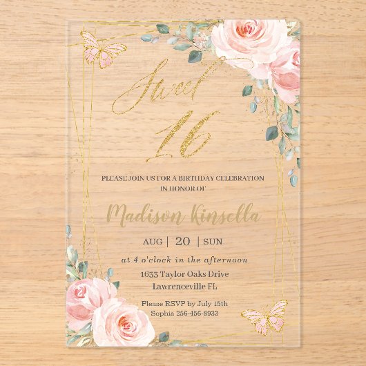 zoet 16 zestien blush roze vlinderbloemige vlinder acryl uitnodigingen (Voorkant)