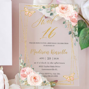 zoet 16 zestien blush roze vlinderbloemige vlinder acryl uitnodigingen