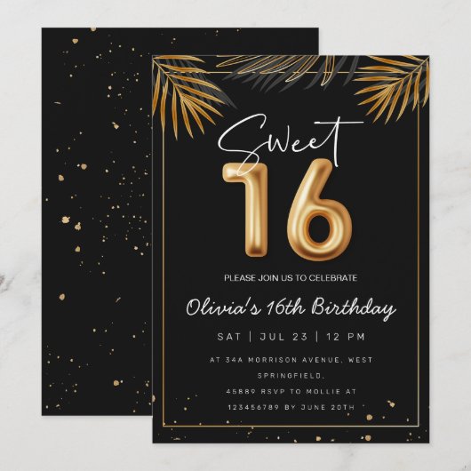 Zoet 16 zestiende met gouden tropische bladeren kaart (Voorkant / Achterkant)