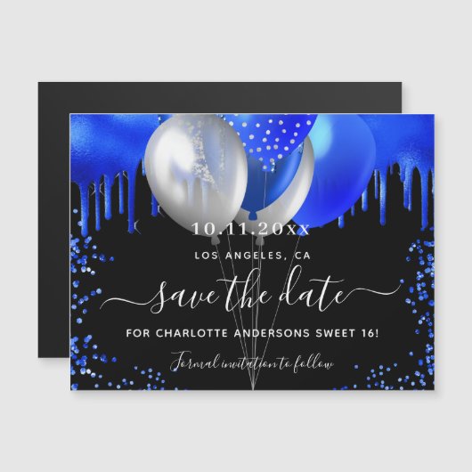 Zoet 16 zwarte koninklijk blauw met de datummagnee magnetische uitnodiging (Voorkant / Achterkant)