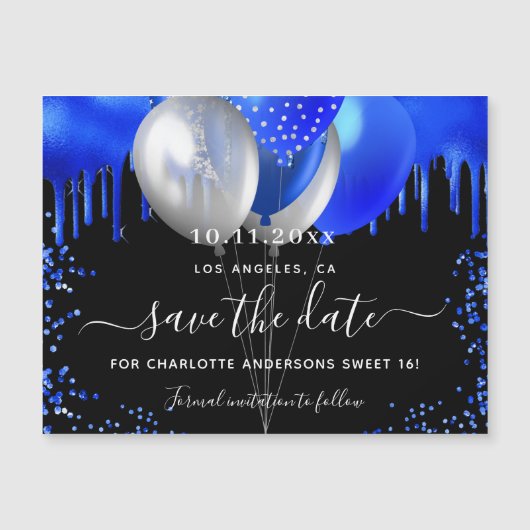 Zoet 16 zwarte koninklijk blauw met de datummagnee magnetische uitnodiging (Voorkant)