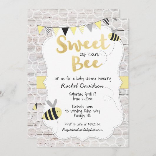 Zoet als bee Baby shower Invitation Kaart (Voorkant / Achterkant)