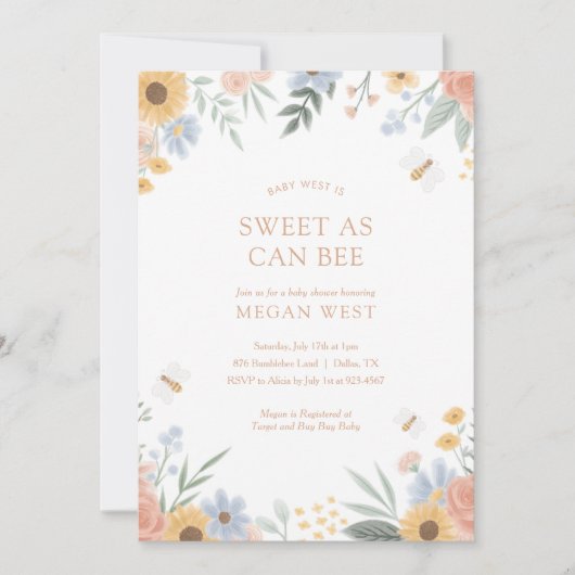 Zoet als bee Floral Bee Baby shower Invitation Kaart (Voorkant)