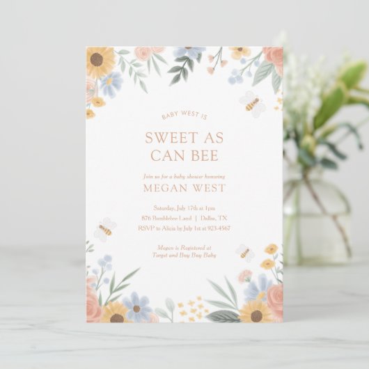 Zoet als bee Floral Bee Baby shower Invitation Kaart (Staand voorkant)