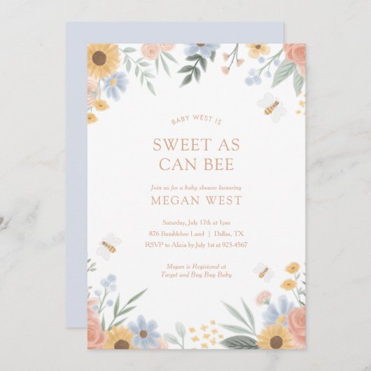 Zoet als bee Floral Bee Baby shower Invitation Kaart (Voorkant / Achterkant)