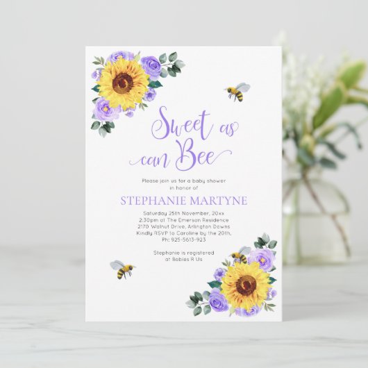 Zoet als can Bee Sunflower Paars Baby shower Kaart (Staand voorkant)