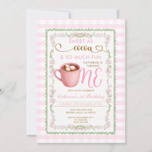 Zoet als Cocoa Roze Gingham Eerste Verjaardag  Kaart (Voorkant)