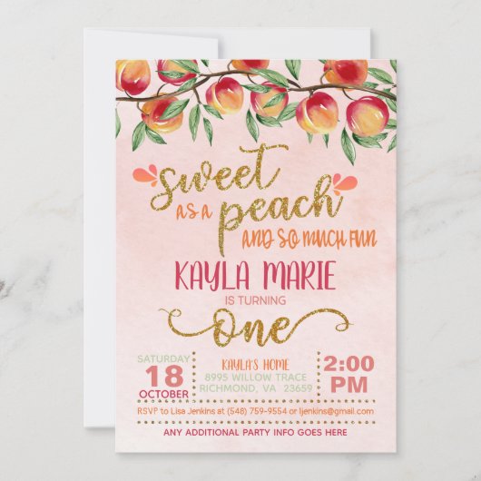 Zoet als een Peach 1st Birthday Invitation - Gingh Kaart (Voorkant)