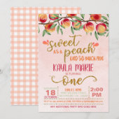 Zoet als een Peach 1st Birthday Invitation - Gingh Kaart (Voorkant / Achterkant)