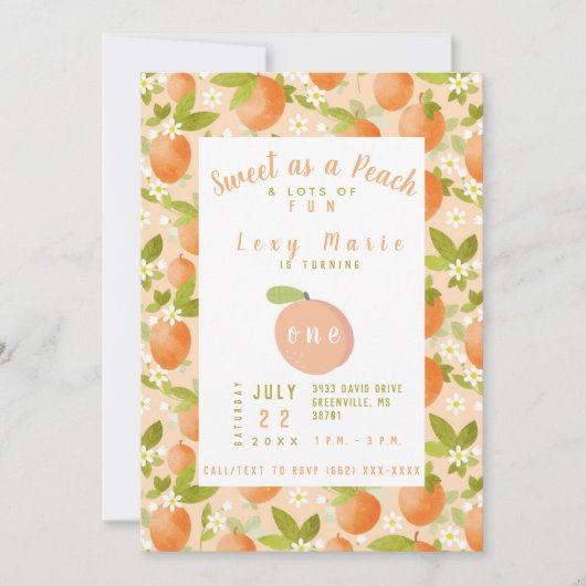 Zoet als een Peach 1st Birthday Invitation Kaart (Voorkant)