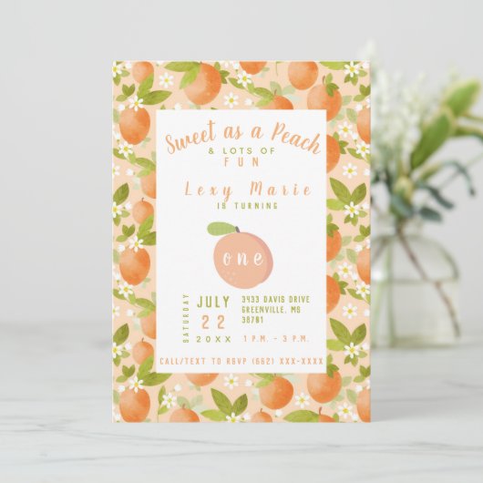 Zoet als een Peach 1st Birthday Invitation Kaart (Staand voorkant)