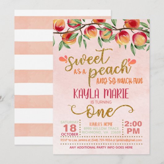 Zoet als een Peach 1st Birthday Invitation - Strip Kaart (Voorkant / Achterkant)