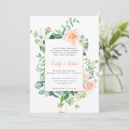 Zoet als een Peach Waterverf Rozen Lijst Weddensch Kaart (Staand voorkant)