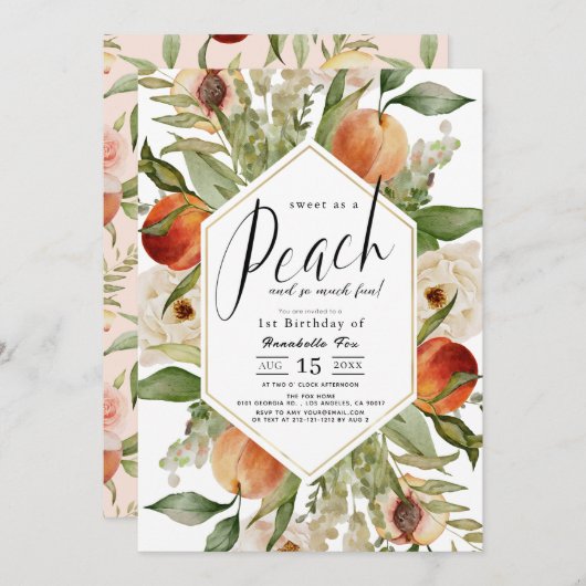 Zoet als een perzik bloemenverjaardag 1e Waterverf Kaart (Voorkant / Achterkant)